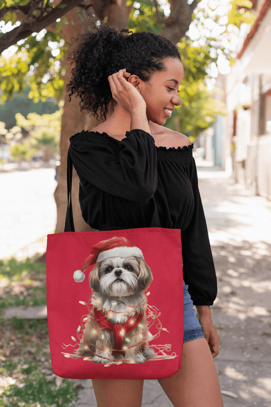 Shih Tzu Wearing a Christmas Hat and Wrapped in Lights Tote Bag - Shih Tzu Gifts