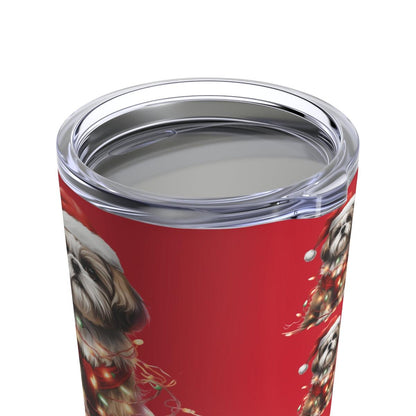 Shih Tzu Wearing a Christmas Hat and Wrapped in Lights Tumbler - Shih Tzu Gifts