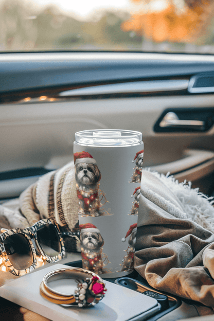 Shih Tzu Wearing a Christmas Hat and Wrapped in Lights Tumbler - Shih Tzu Gifts