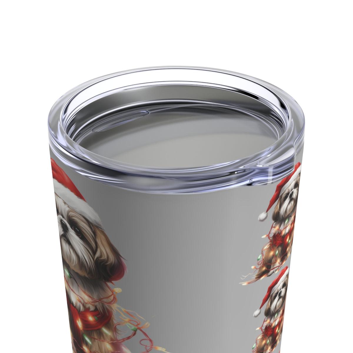 Shih Tzu Wearing a Christmas Hat and Wrapped in Lights Tumbler - Shih Tzu Gifts