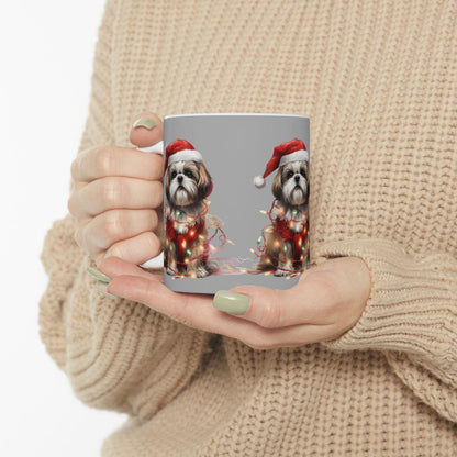 Shih Tzu Wearing a Christmas Hat and Wrapped in Lights Mug - Shih Tzu Gifts