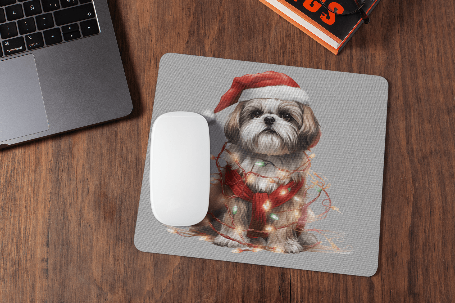 Shih Tzu Wearing a Christmas Hat and Wrapped in Lights Mouse Pad - Shih Tzu Gifts