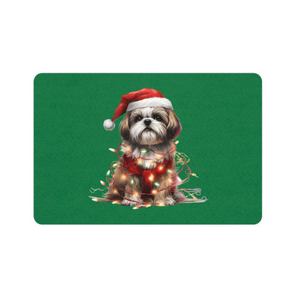 Shih Tzu Wearing a Christmas Hat and Wrapped in Lights Pet Food Mat - Shih Tzu Gifts