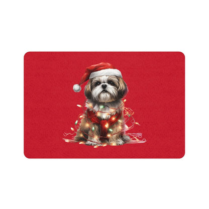 Shih Tzu Wearing a Christmas Hat and Wrapped in Lights Pet Food Mat - Shih Tzu Gifts