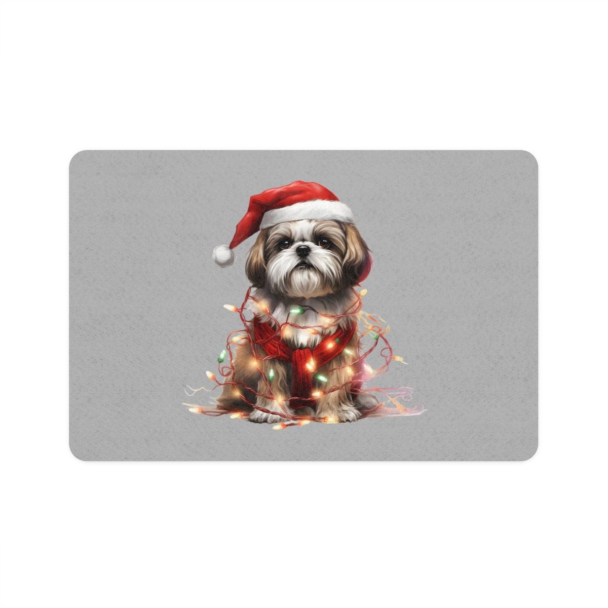 Shih Tzu Wearing a Christmas Hat and Wrapped in Lights Pet Food Mat - Shih Tzu Gifts