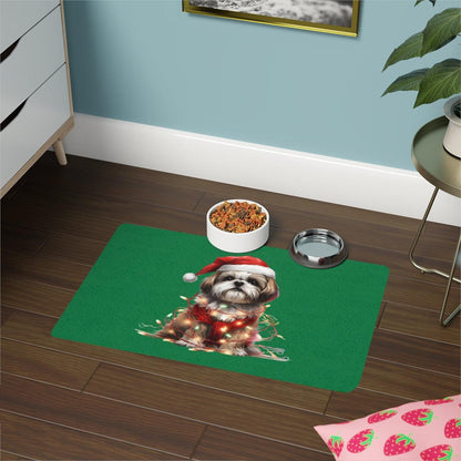 Shih Tzu Wearing a Christmas Hat and Wrapped in Lights Pet Food Mat - Shih Tzu Gifts