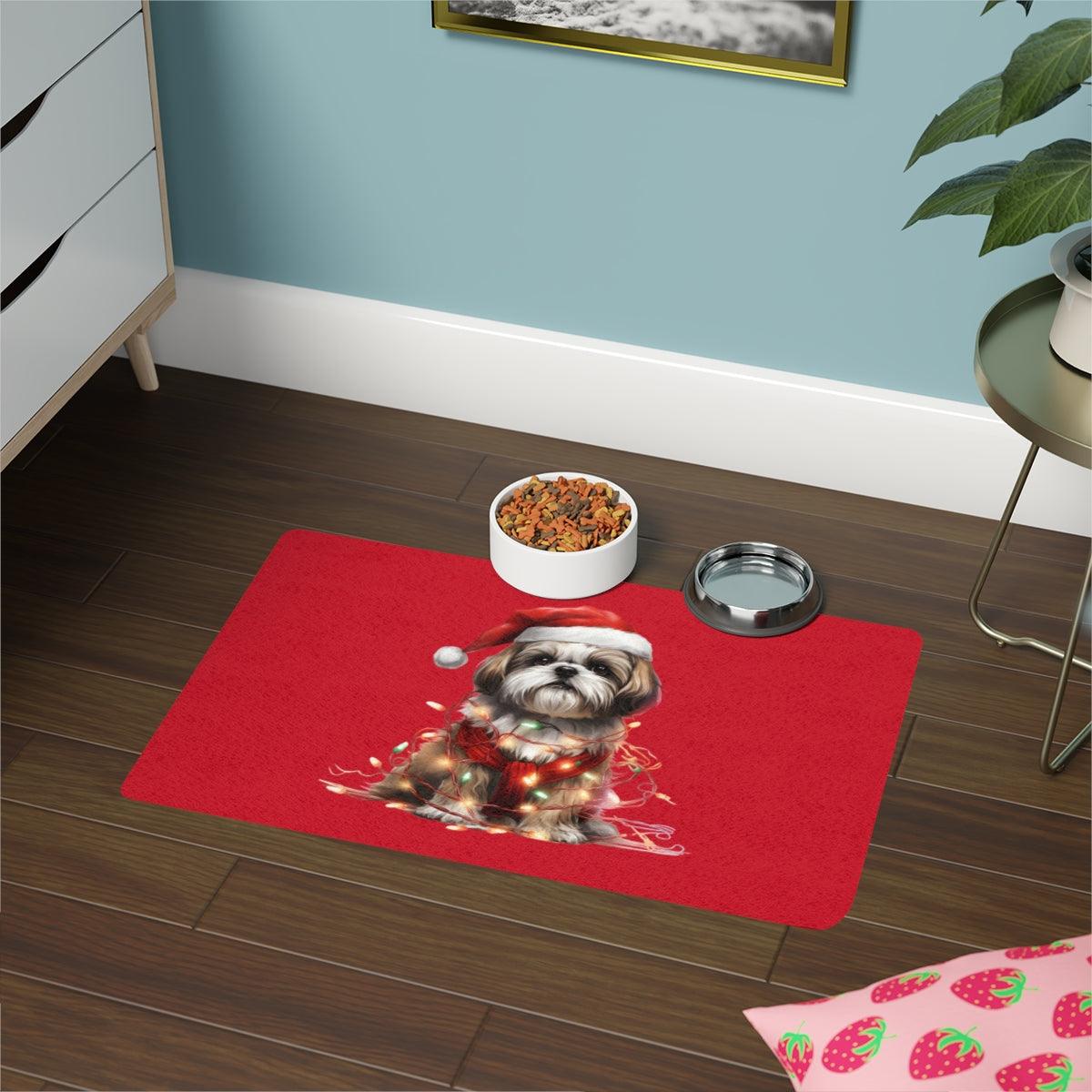 Shih Tzu Wearing a Christmas Hat and Wrapped in Lights Pet Food Mat - Shih Tzu Gifts