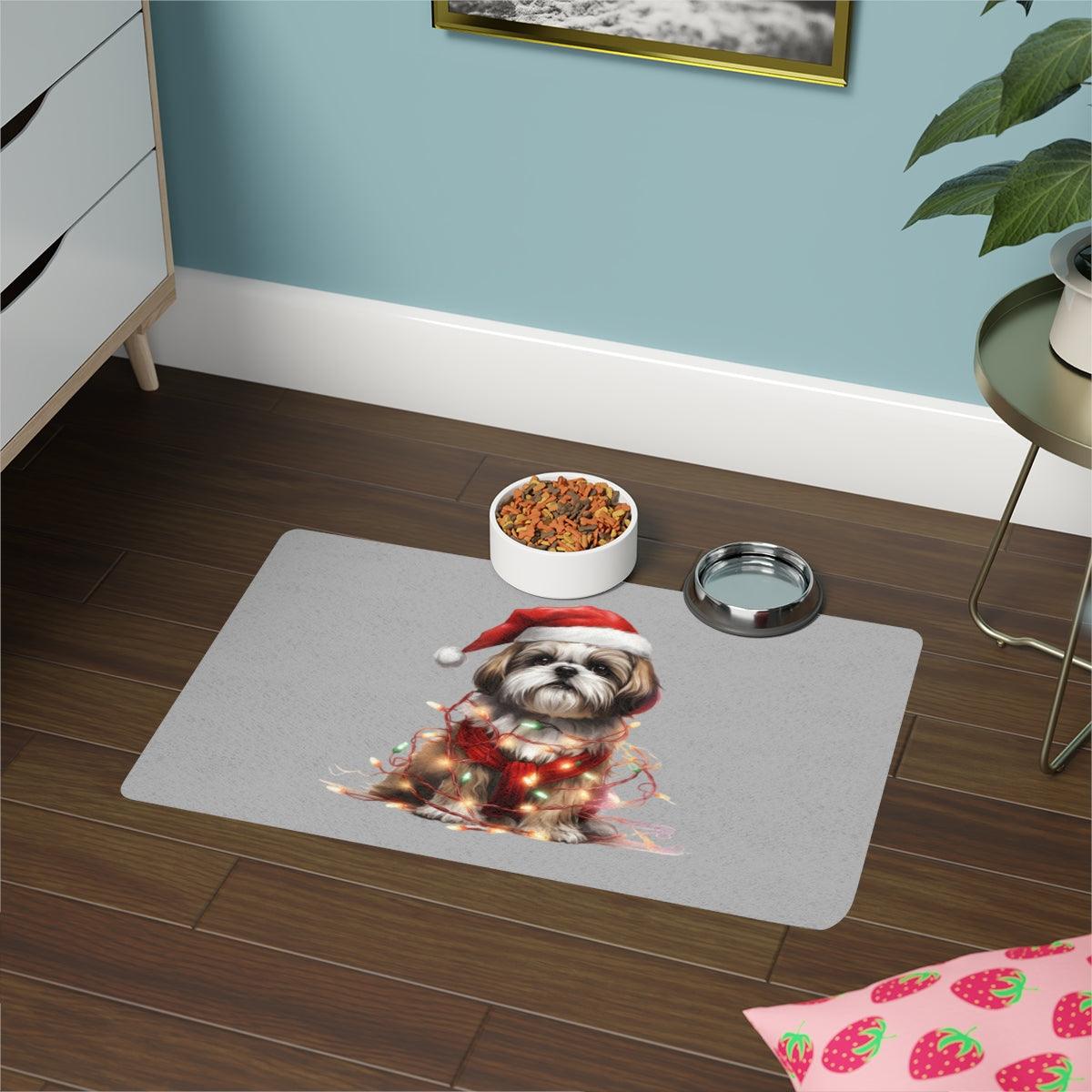 Shih Tzu Wearing a Christmas Hat and Wrapped in Lights Pet Food Mat - Shih Tzu Gifts