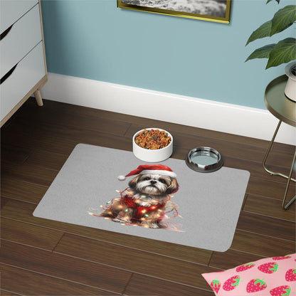 Shih Tzu Wearing a Christmas Hat and Wrapped in Lights Pet Food Mat - Shih Tzu Gifts