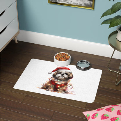 Shih Tzu Wearing a Christmas Hat and Wrapped in Lights Pet Food Mat - Shih Tzu Gifts