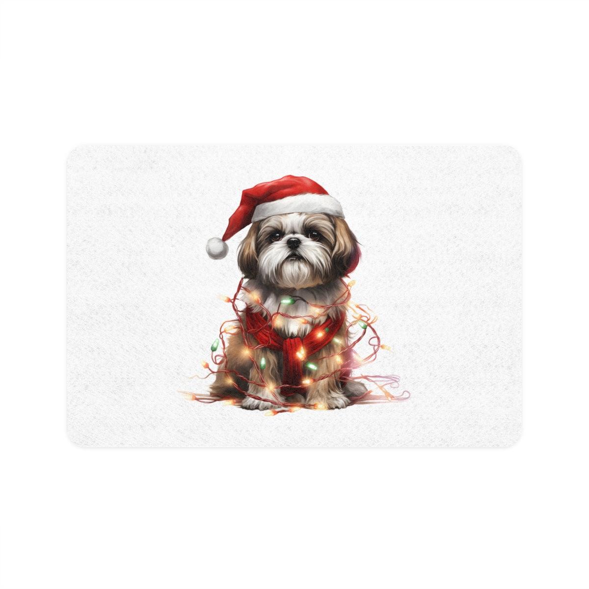 Shih Tzu Wearing a Christmas Hat and Wrapped in Lights Pet Food Mat - Shih Tzu Gifts