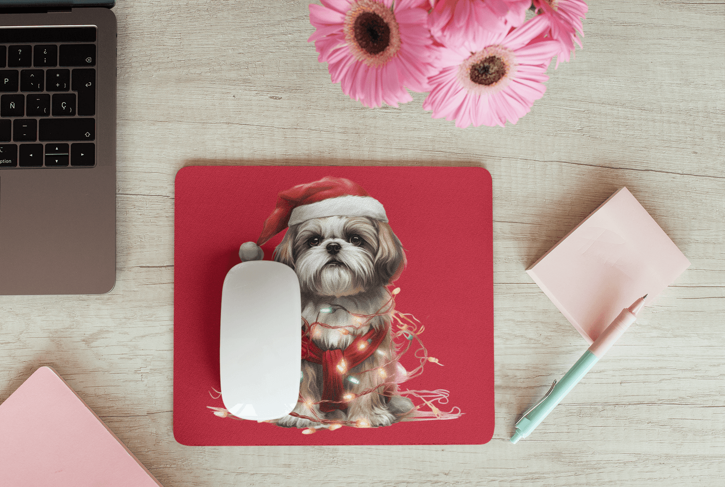 Shih Tzu Wearing a Christmas Hat and Wrapped in Lights Mouse Pad - Shih Tzu Gifts