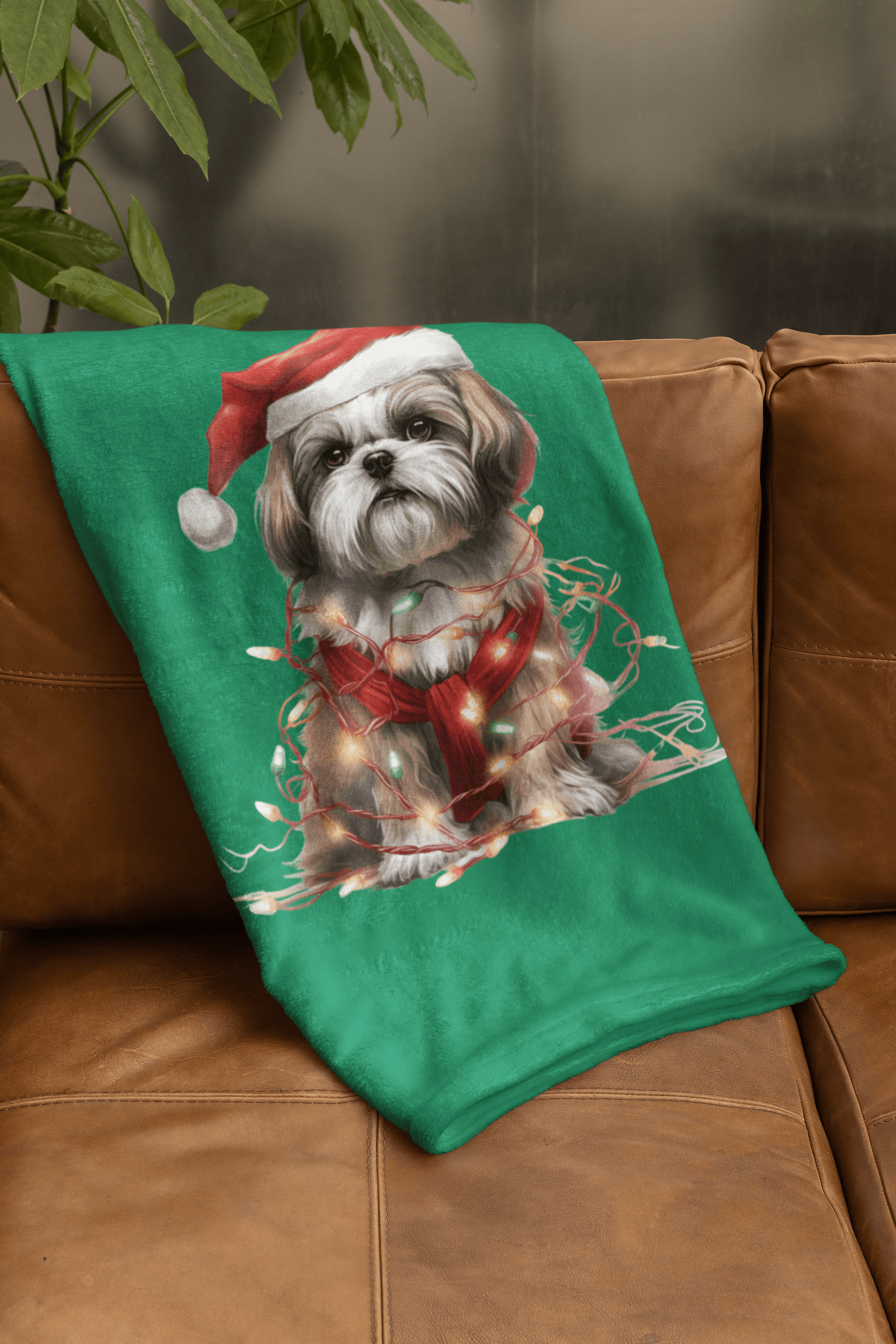 Shih Tzu Wearing a Christmas Hat and Wrapped in Lights Blanket - Shih Tzu Gifts