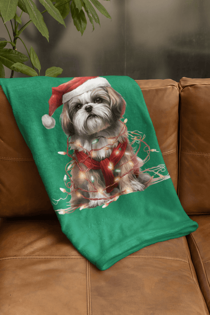 Shih Tzu Wearing a Christmas Hat and Wrapped in Lights Blanket - Shih Tzu Gifts