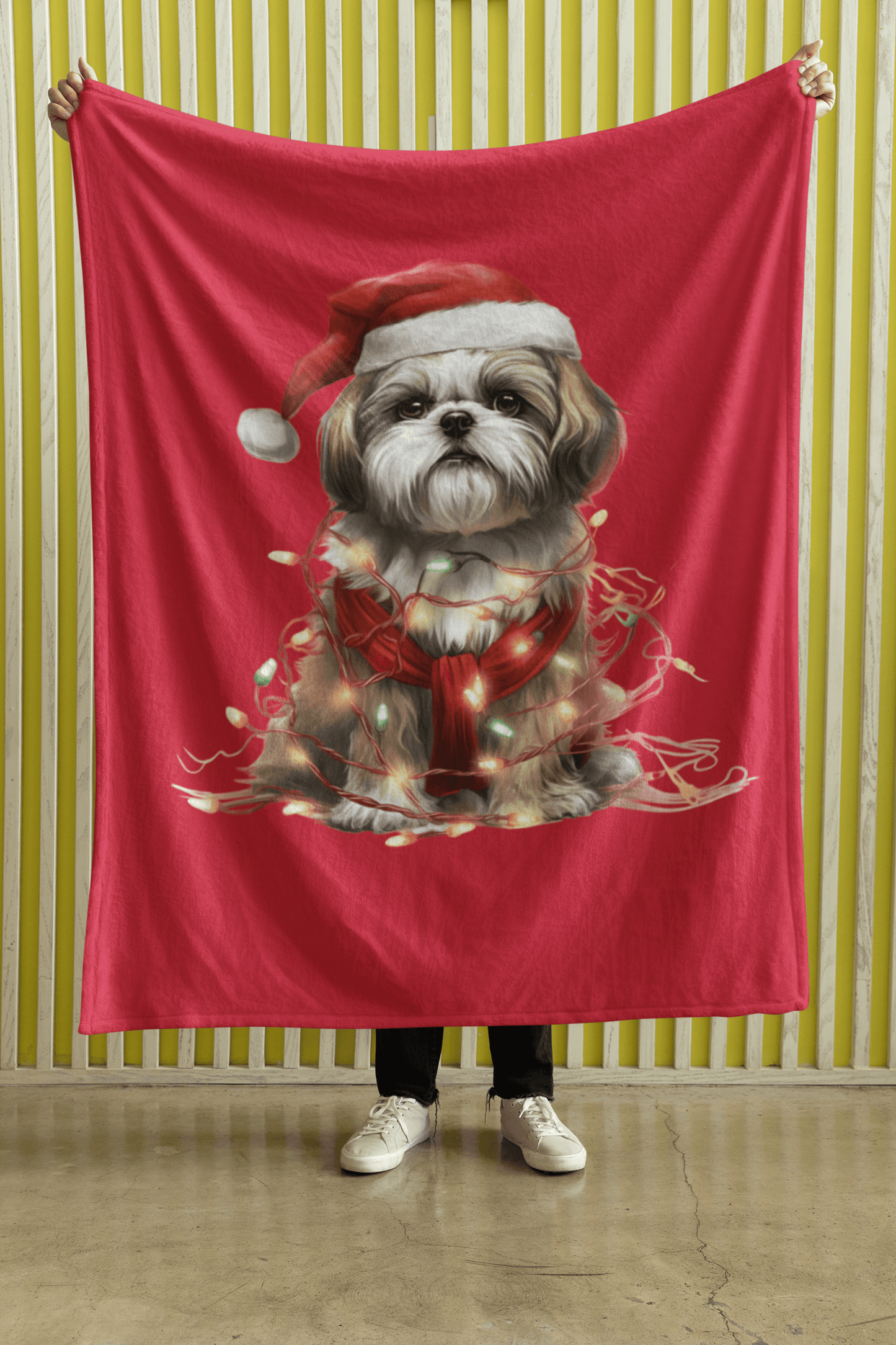 Shih Tzu Wearing a Christmas Hat and Wrapped in Lights Blanket - Shih Tzu Gifts