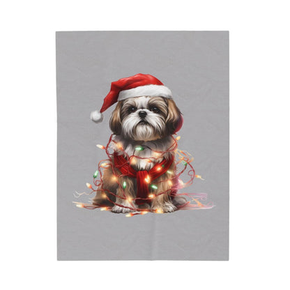 Shih Tzu Wearing a Christmas Hat and Wrapped in Lights Blanket - Shih Tzu Gifts