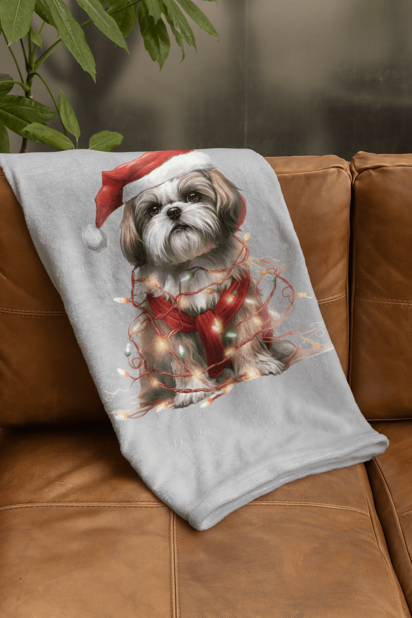 Shih Tzu Wearing a Christmas Hat and Wrapped in Lights Blanket - Shih Tzu Gifts