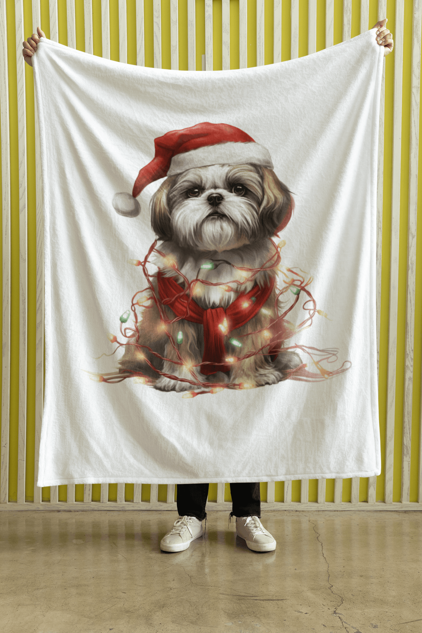 Shih Tzu Wearing a Christmas Hat and Wrapped in Lights Blanket - Shih Tzu Gifts