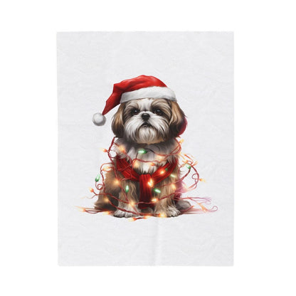 Shih Tzu Wearing a Christmas Hat and Wrapped in Lights Blanket - Shih Tzu Gifts