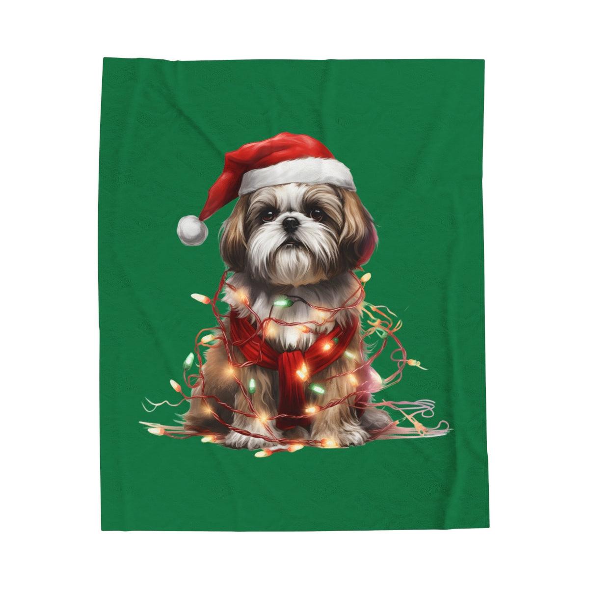 Shih Tzu Wearing a Christmas Hat and Wrapped in Lights Blanket - Shih Tzu Gifts