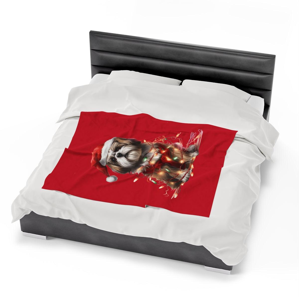 Shih Tzu Wearing a Christmas Hat and Wrapped in Lights Blanket - Shih Tzu Gifts