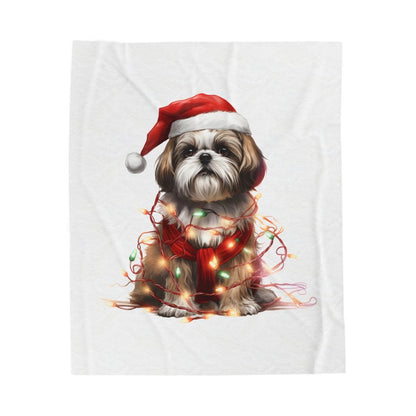 Shih Tzu Wearing a Christmas Hat and Wrapped in Lights Blanket - Shih Tzu Gifts