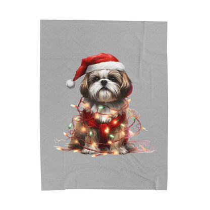 Shih Tzu Wearing a Christmas Hat and Wrapped in Lights Blanket - Shih Tzu Gifts