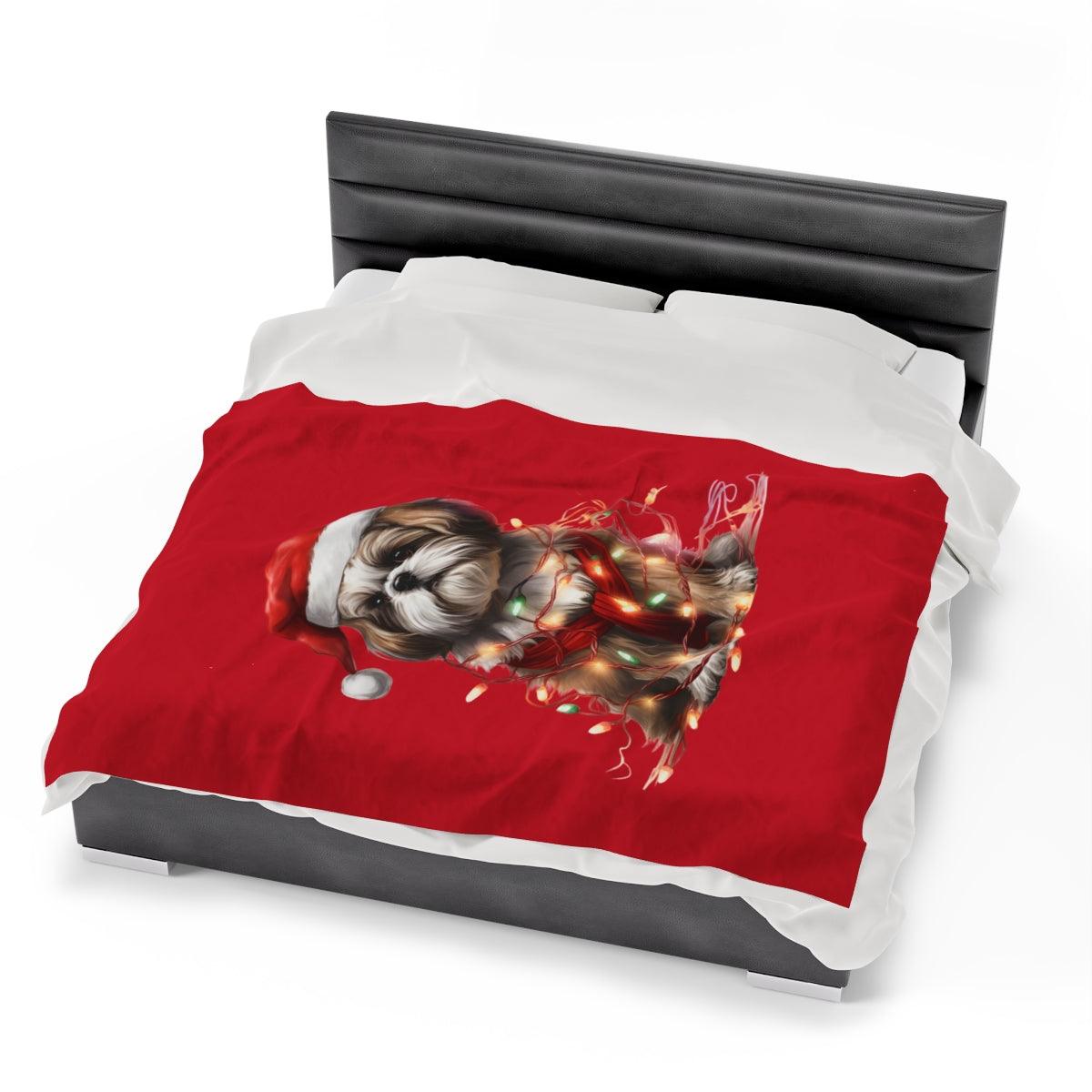 Shih Tzu Wearing a Christmas Hat and Wrapped in Lights Blanket - Shih Tzu Gifts