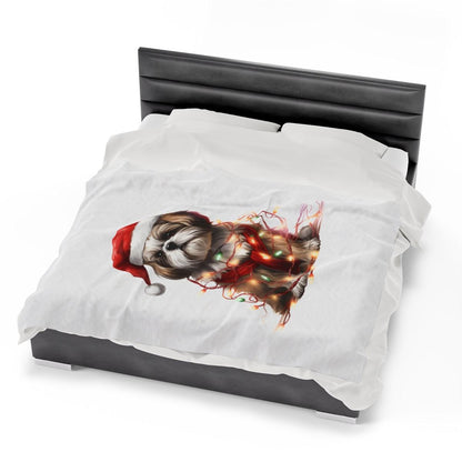 Shih Tzu Wearing a Christmas Hat and Wrapped in Lights Blanket - Shih Tzu Gifts