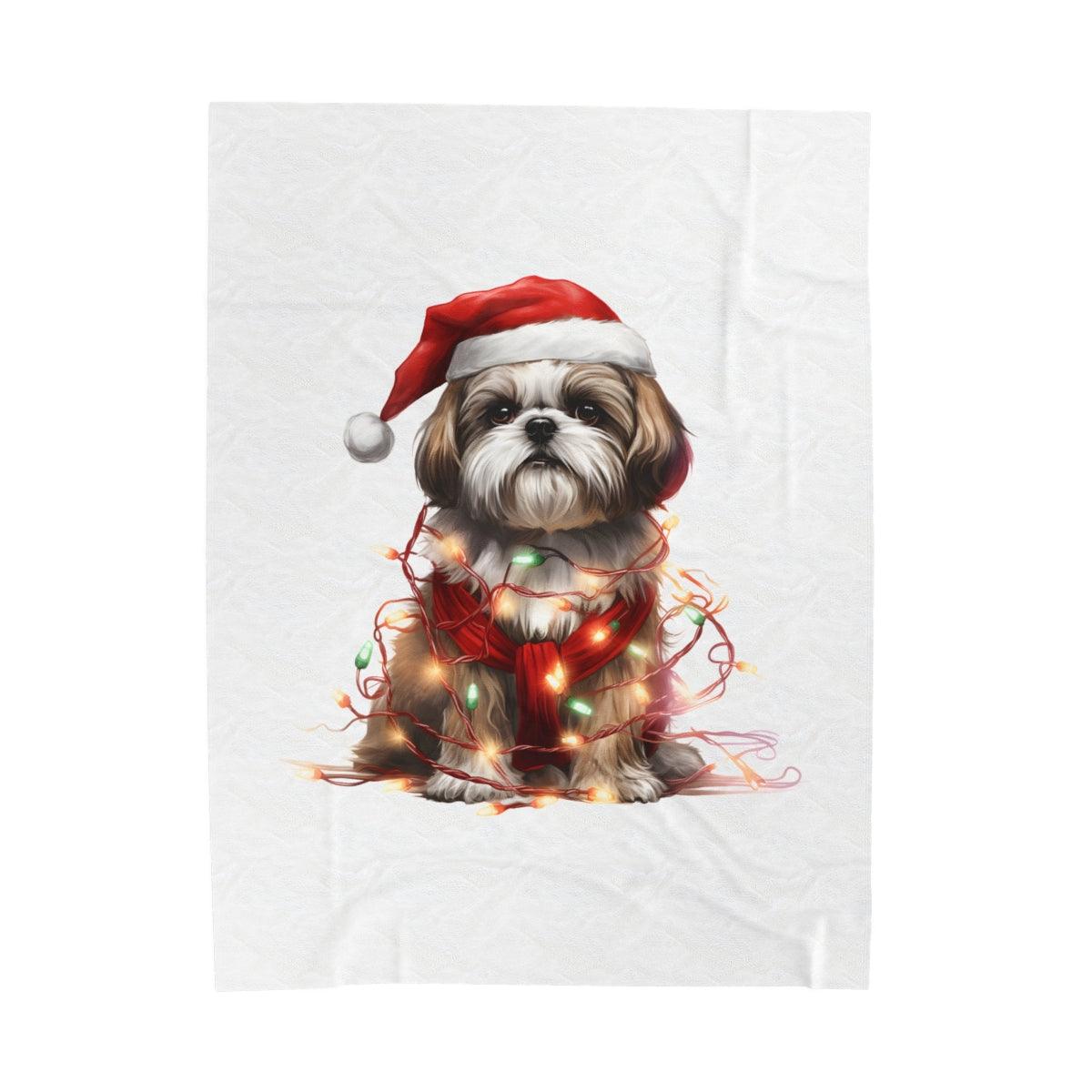 Shih Tzu Wearing a Christmas Hat and Wrapped in Lights Blanket - Shih Tzu Gifts