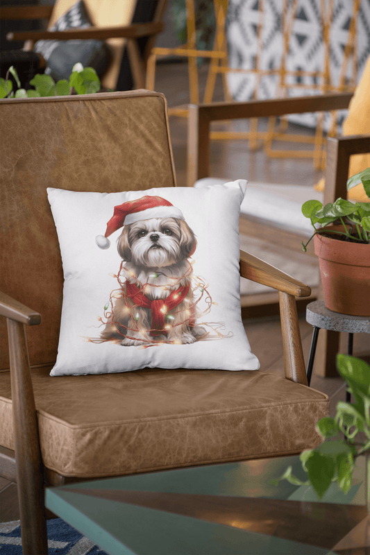 Shih Tzu Wearing a Christmas Hat and Wrapped in Lights Pillow - Shih Tzu Gifts