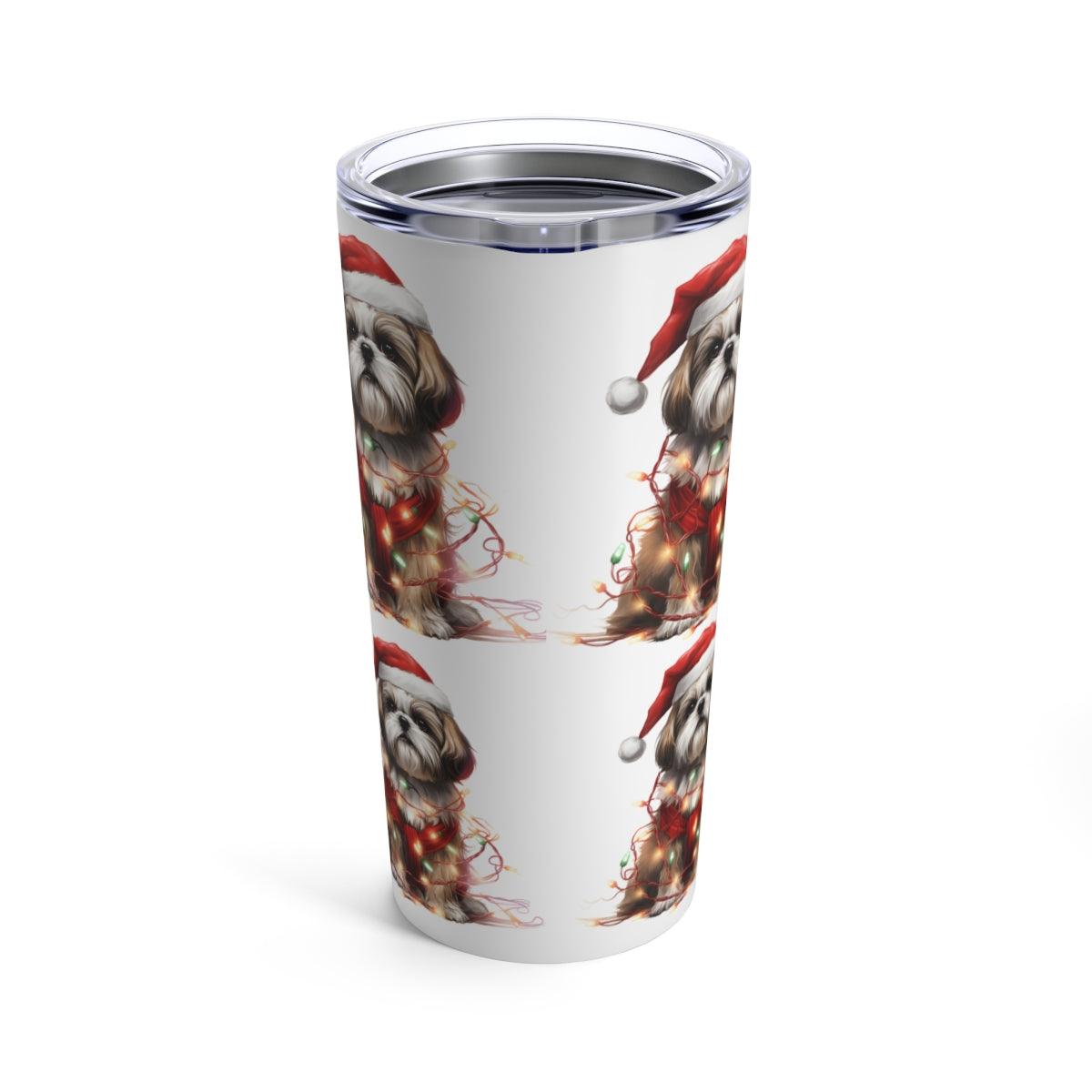 Shih Tzu Wearing a Christmas Hat and Wrapped in Lights Tumbler - Shih Tzu Gifts