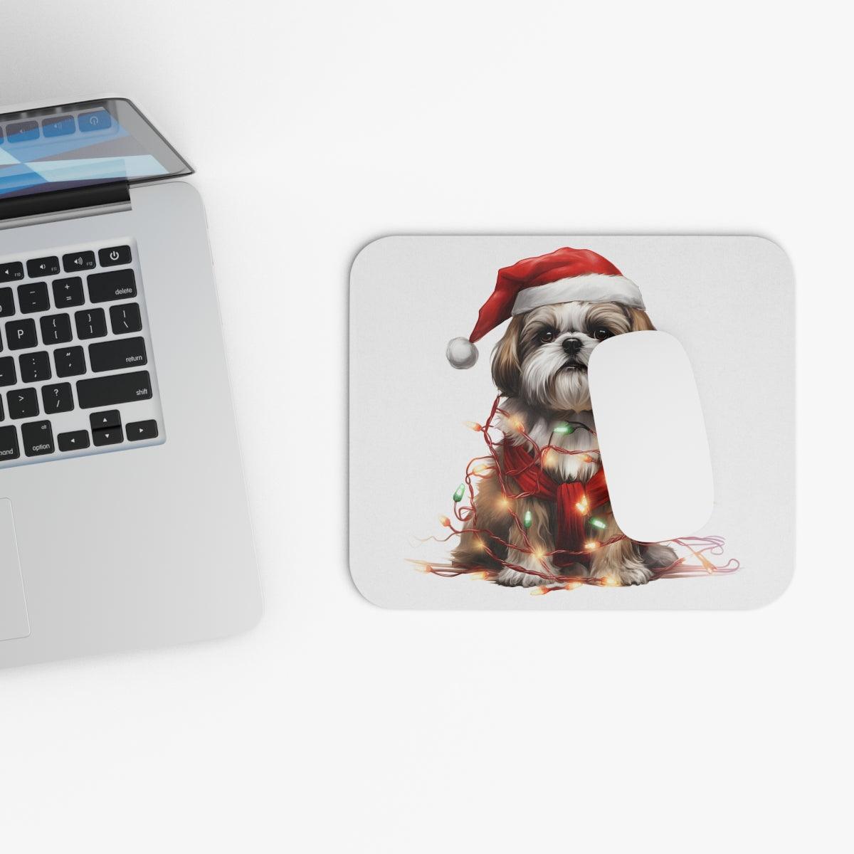 Shih Tzu Wearing a Christmas Hat and Wrapped in Lights Mouse Pad - Shih Tzu Gifts