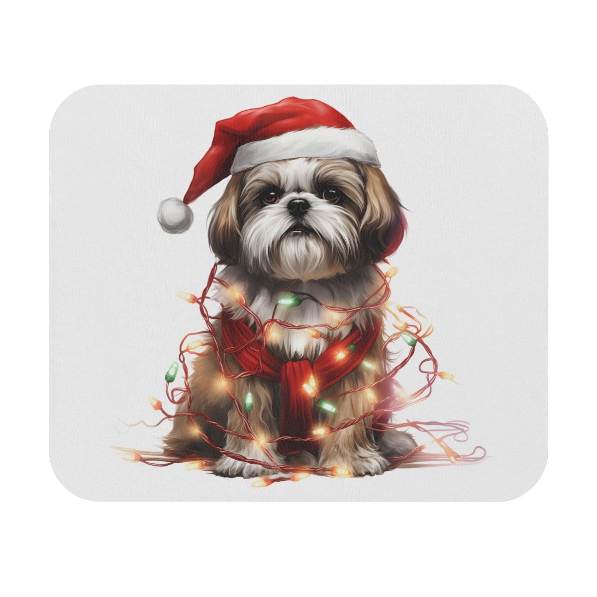 Shih Tzu Wearing a Christmas Hat and Wrapped in Lights Mouse Pad - Shih Tzu Gifts