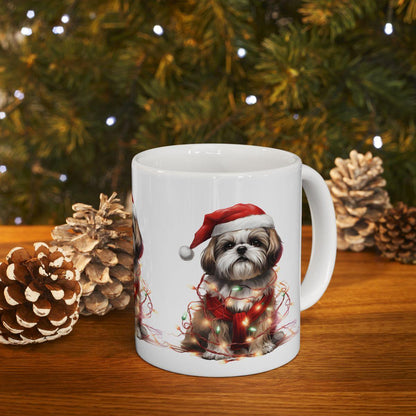 Shih Tzu Wearing a Christmas Hat and Wrapped in Lights Mug - Shih Tzu Gifts