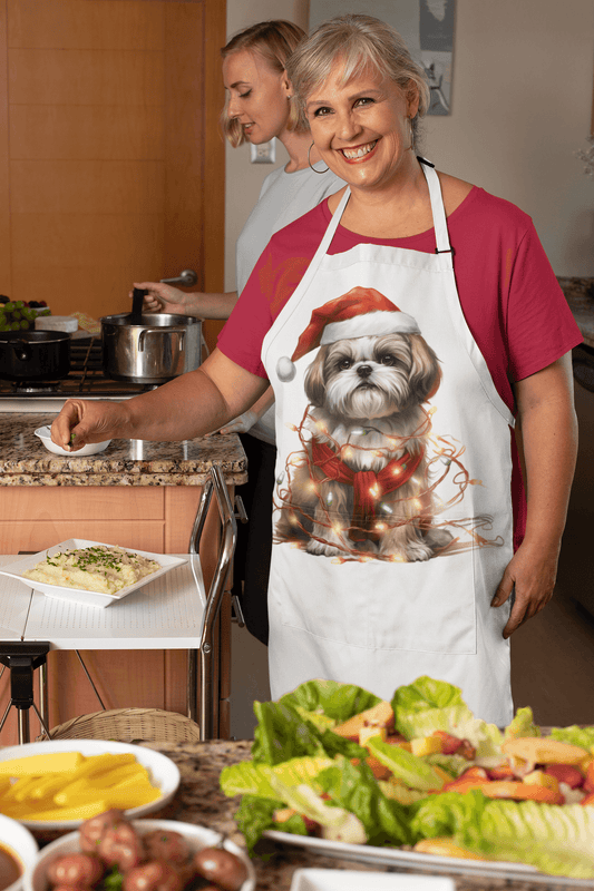 Shih Tzu Wearing a Christmas Hat and Wrapped in Lights Apron - Shih Tzu Gifts