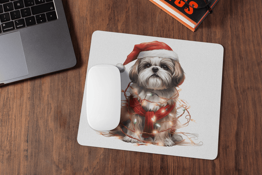 Shih Tzu Wearing a Christmas Hat and Wrapped in Lights Mouse Pad - Shih Tzu Gifts