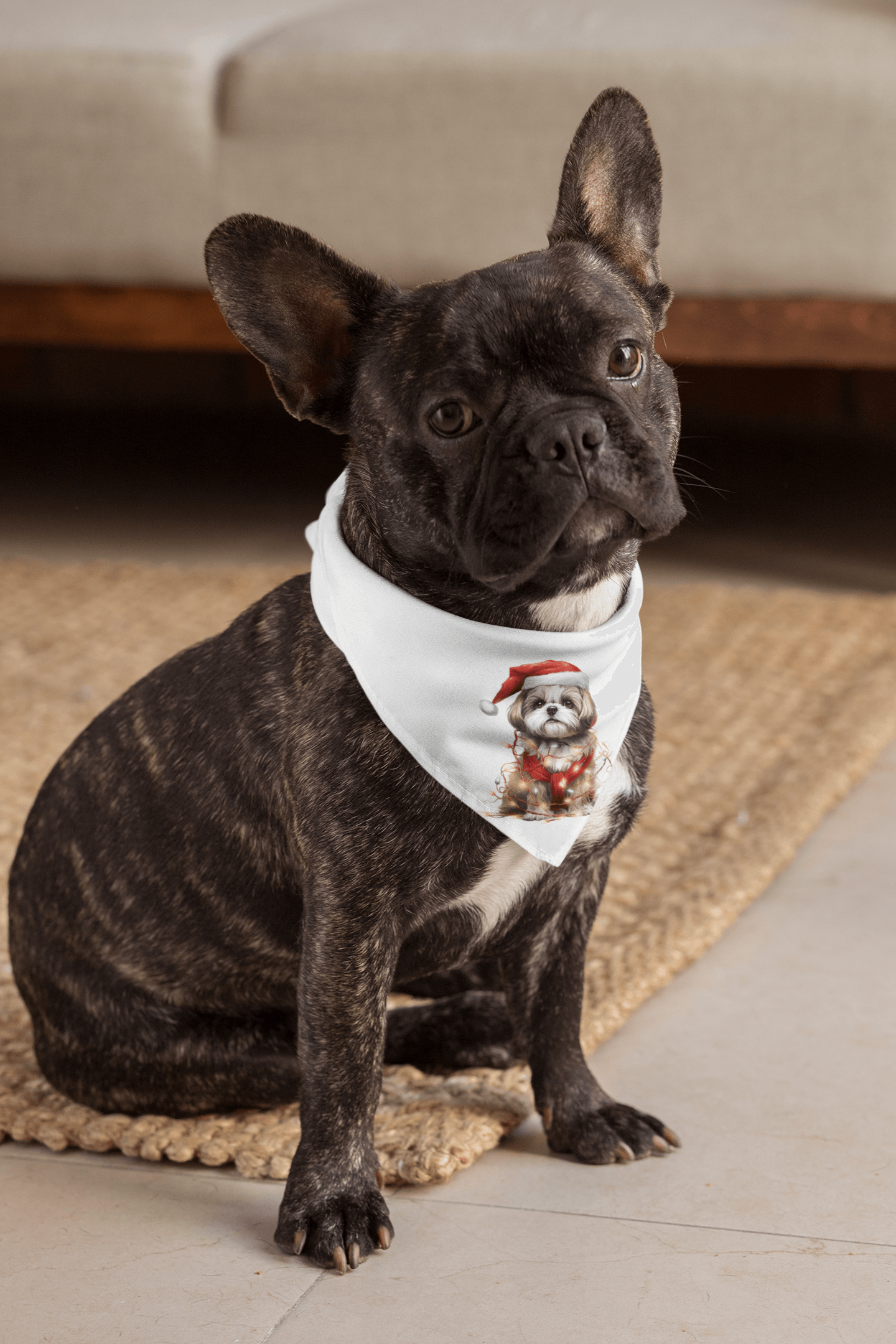 Shih Tzu Wearing a Christmas Hat and Wrapped in Lights Pet Bandana - Shih Tzu Gifts